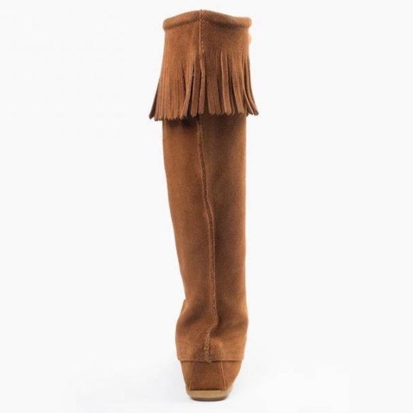 LIKE🆕MINNETONKA CHESTNUT BROWN SUEDE LACEUP FRINGE MOCCASIN KNEE BOOTS - Picture 10 of 16